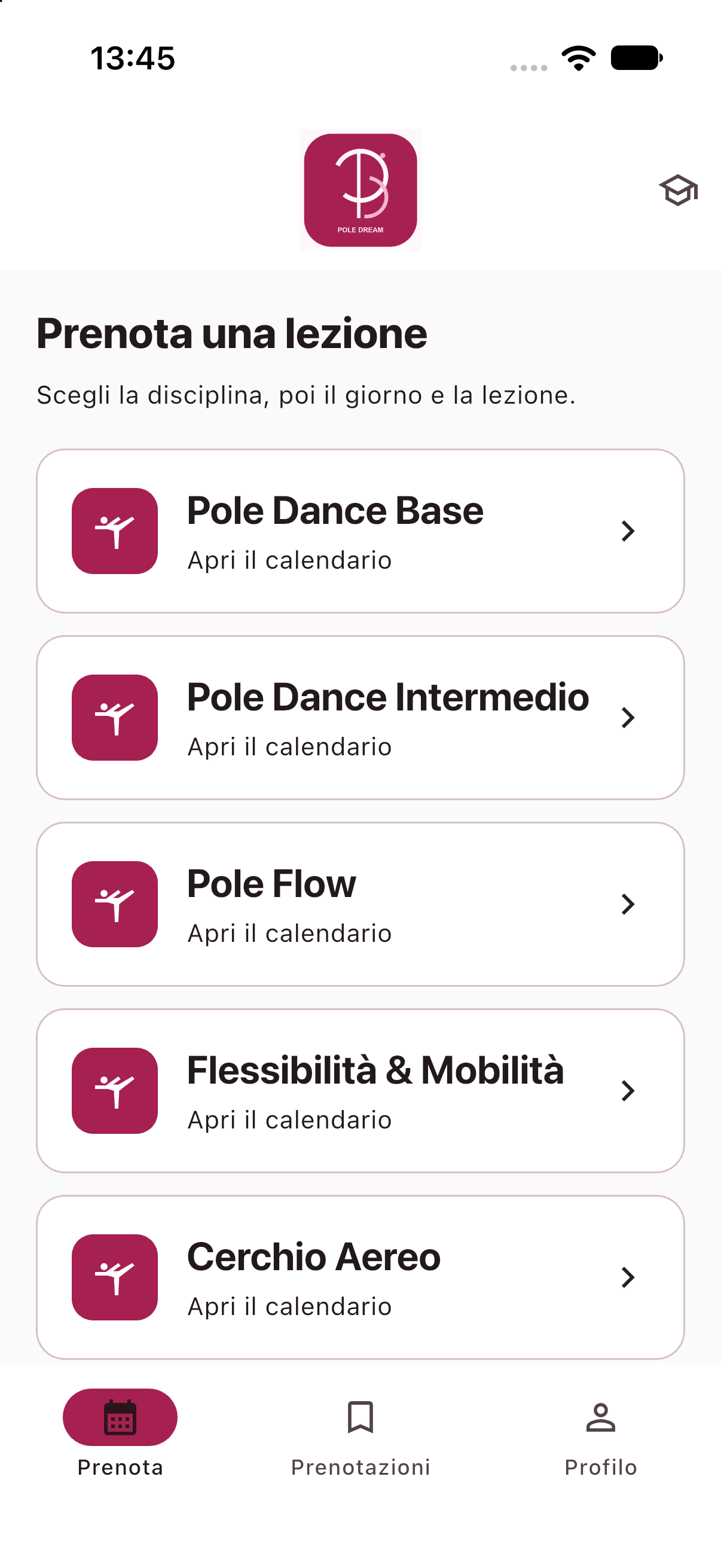 L’app Fonji con i corsi prenotabili di una scuola dimostrativa