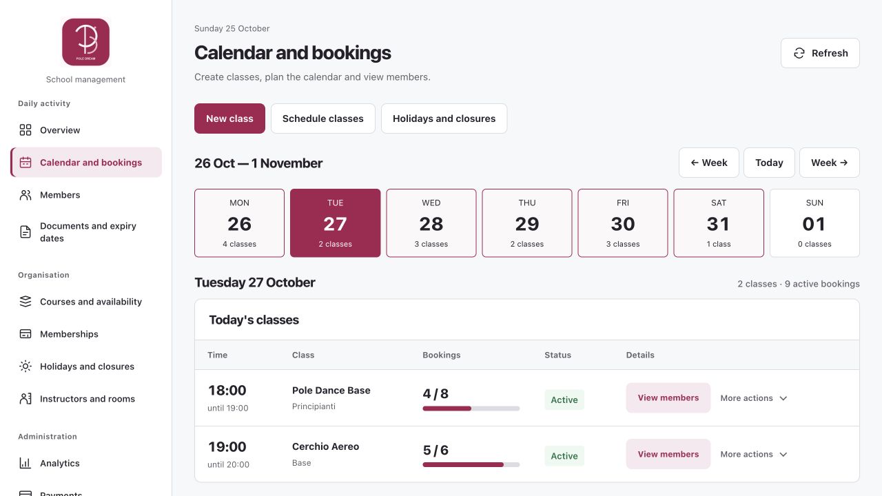 Fonji management dashboard showing a demo school’s calendar and activities