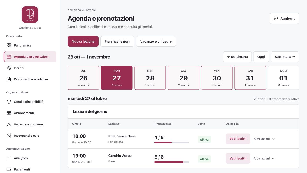 Il gestionale Fonji con l’agenda e le attività di una scuola dimostrativa